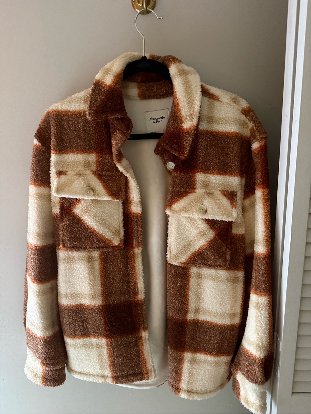 Abercrombie & Fitch Brown and Cream Plaid Sherpa Shirt Jacket